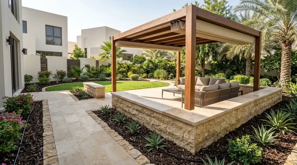 Hardscaping in Dubai – natural stone paving, retaining walls and pergola by MasterMaint