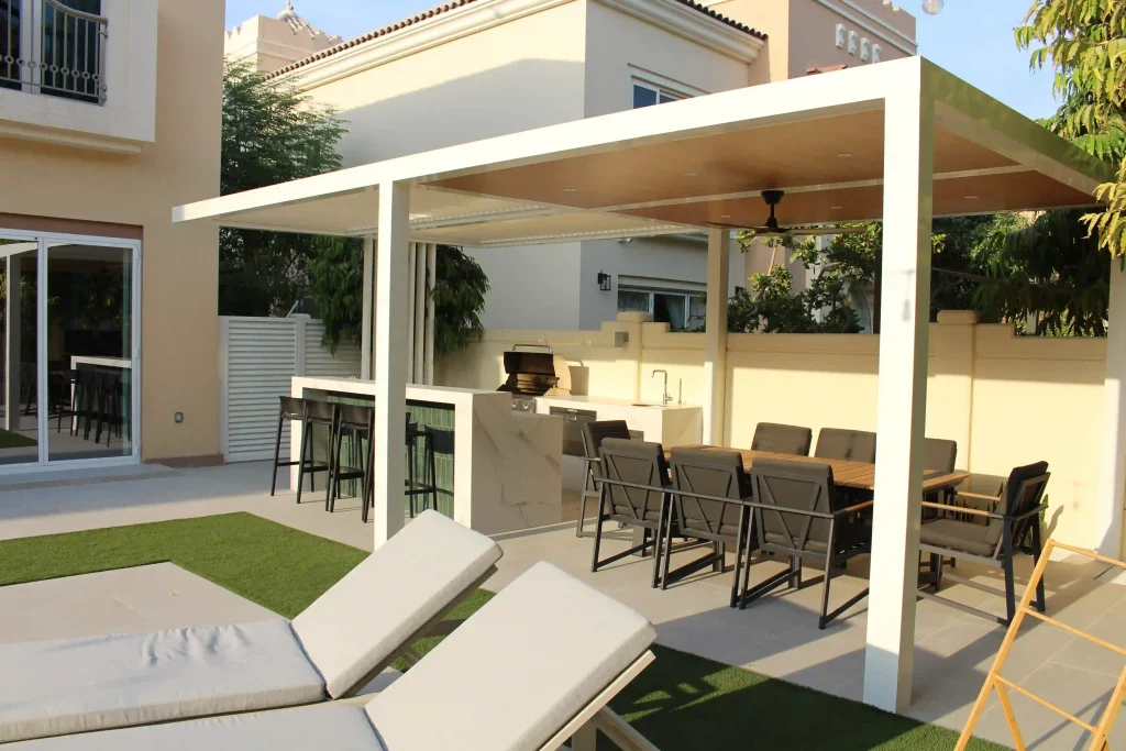 Garden lawn with bench, landscaping in Dubai