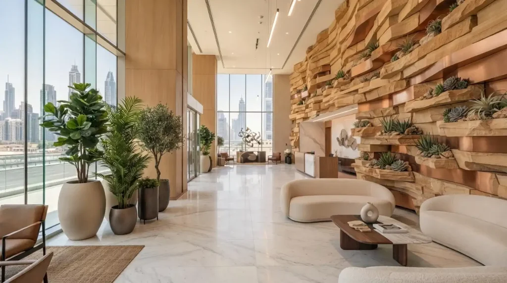 Artificial trees and potted faux plants styled in a Dubai interior by MasterMaint