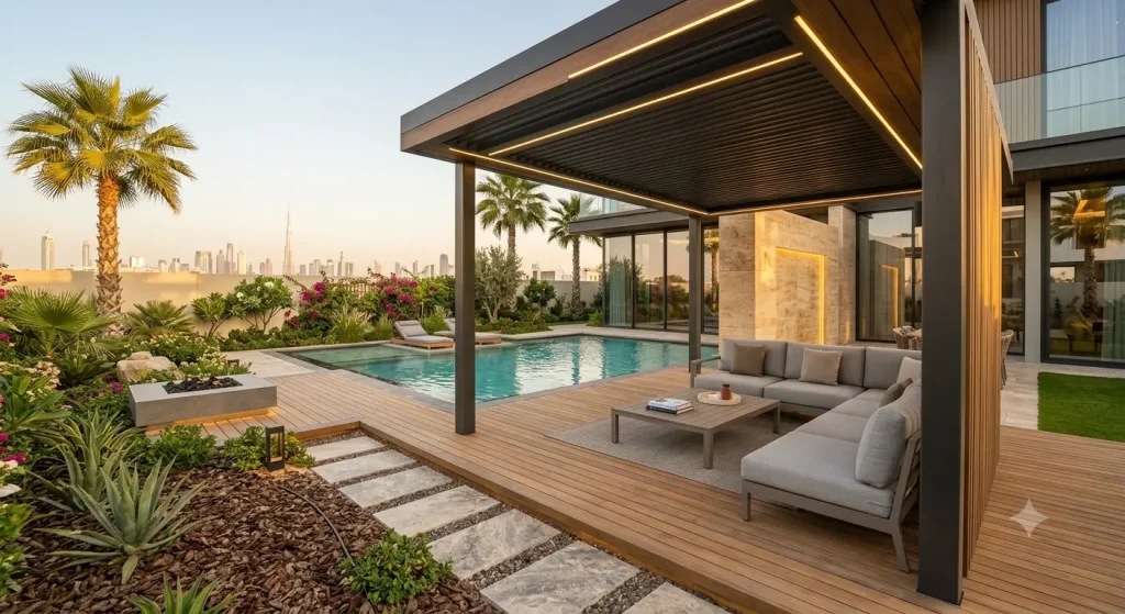 Landscape elements Dubai villa decking pergola