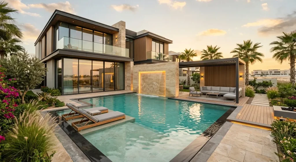 Custom swimming pool with integrated sheer descent water feature in a Dubai villa backyard by MasterMaint