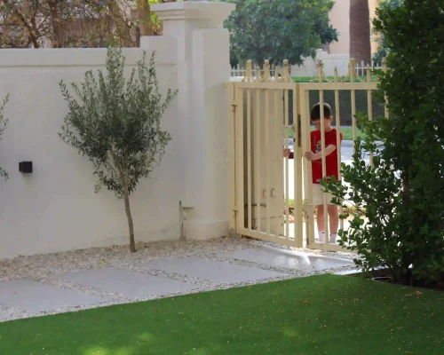 Neatly mowed natural grass lawn with trimmed edges in a Dubai villa garden